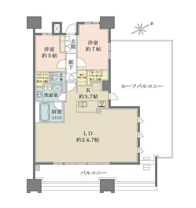 2LDK専有面積86.26㎡　しかも　バルコニー面積20.37㎡＋ルーフバルコニー面積43.59㎡＝63.96㎡ 合計150.22㎡